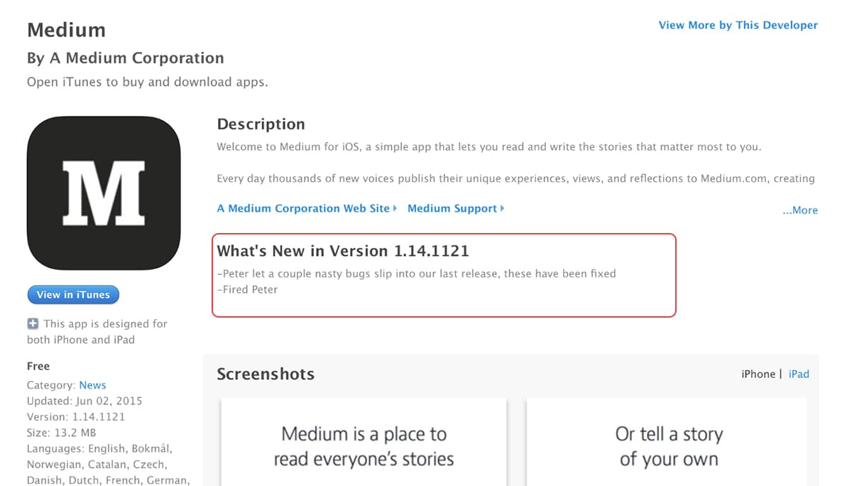 Thông báo cập nhật ứng dụng vui nhộn của Medium